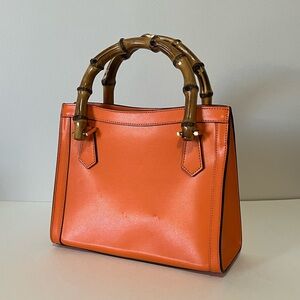 Orange Italian Leather Bamboo Handle Purse with Strap